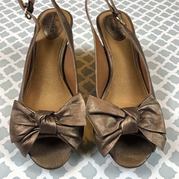 Clarks Wedges Slingback Open Toe Cork Bow Detail - Picture 2 of 5